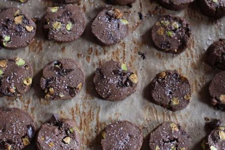 Chocolate Sables with Pistachios & Pink Himalayan Sea Salt Chocolate Sables