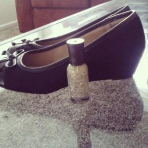 Fun (and cheap) Target finds. Navy blue wedges, sparkly gold nail polish, under $10 for both. 