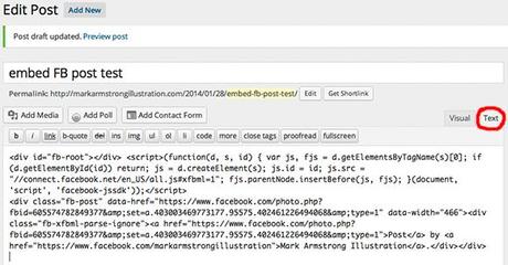 HTML embed code for Facebook post pasted into WordPress blog post draft