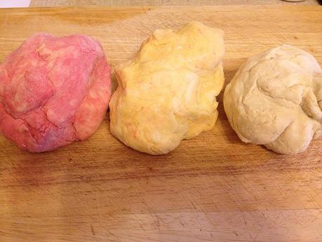 My different coloured dough for the wrappers. Beetroot on left, Carrot in middle and Plain on right