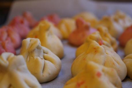 Colourful dumplings waiting to be cooked
