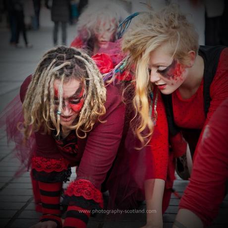 Photo - steet performers preparing for the Beltane festival in Edinburgh, Scotland