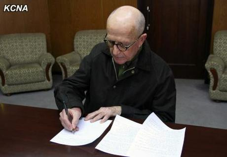Australian national John Short is shown writing a statement on his activities in the DPRK in Pyongyang on 1 March 2014 (Photo: KCNA).