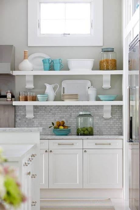 Kitchen Inspiration! Open up those shelves white kitchen cabinets with gray countertops (go darker than these) and light gray walls w/grey mix backsplash