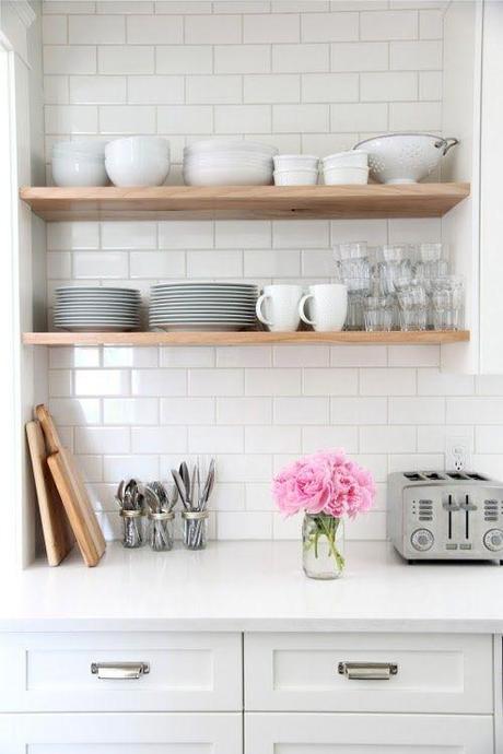 Kitchen Inspiration! Open up those shelves open shelves and subway tiles. Yes to the white cabinets and counters, too. Make the shelves white.