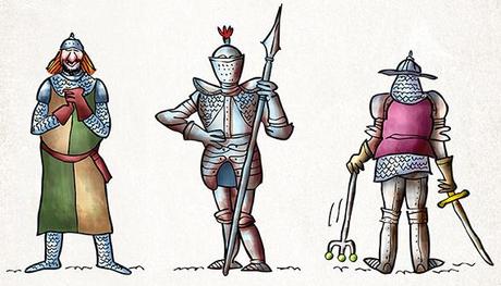 funny medieval King Arthur era knights standing wearing armor chain mail with swords spears