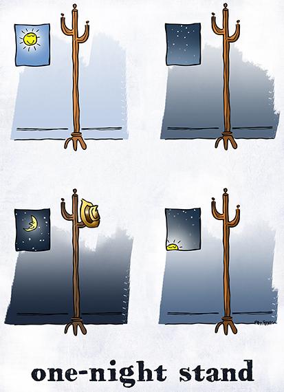 4-panel cartoon one-night stand hat stand day becomes night hat appears on stand overnight then gone by sunrise