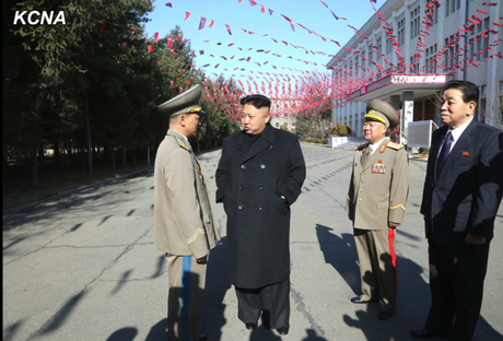 Kim Jong Un talks with Maj. Gen. Kim Kwang Hyok, commanding officer of KPA Unit #855.  Also seen in attendance are VMar Choe Ryong Hae (2nd R), Director of the KPA General Political Department and Member of the KWP Political Bureau Presidium, and Kim Kyong Ok (R), Senior Deputy Director of the KWP Organization Guidance Department and Member of the KWP Central Military Commission (Photo: KCNA).