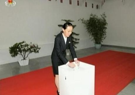 Kim Yo Jong (Kim Yo'-cho'ng) votes in elections for the 13th Supreme People's Assembly at Kim Il Sung University of Politics in Pyongyang on 9 March 2014 (Photo: KCTV-Yonhap).