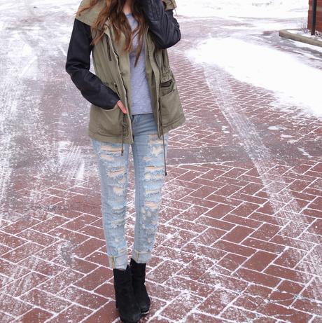 Distressed Denim + Army Jacket