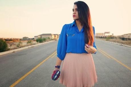 Electric Blue Blouse, Blush Pink Pleated Skirt, Crazy & Co. Heart Clutch, Tanvii.com