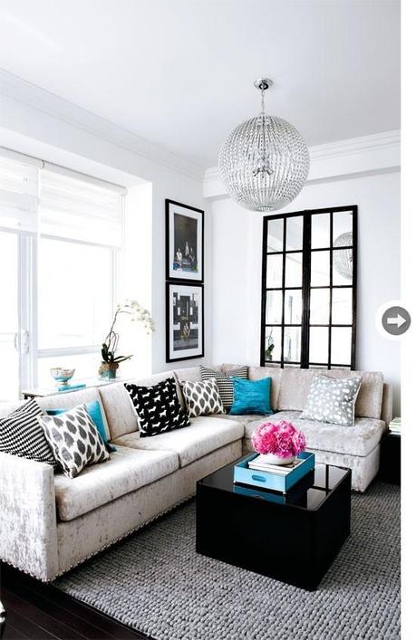 Ideas for using pattern in your decor (especially if you're afraid of it) Teal and grey living room. Liking the sectional... shows the impact of a great floor mirror. So open!