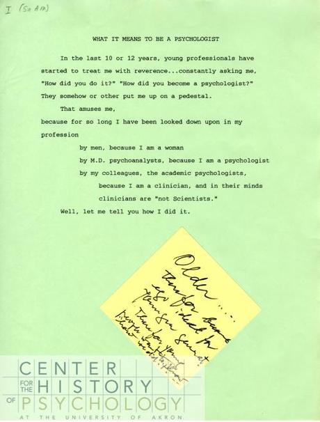 In an early draft of her contribution to the book “Models of Achievement: Reflections of Eminent Women in Psychology, Vol. 2” (1987), Fromm summarizes her experiences as a psychologist.  Box M5198, Folder 3