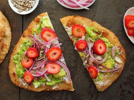 Flatbreads with Avocado, Seasoned Red Onions, Cotija Cream Cheese Spread, and Strawberries