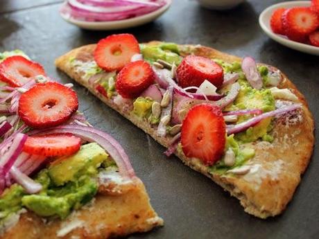 Flatbreads with Avocado, Seasoned Red Onions, Cotija Cream Cheese Spread, and Strawberries