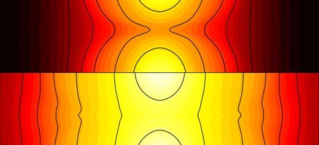 The top of this image shows how early in the heating, magnetic fields, drawn as black lines, prevent heat from flowing easily between the two yellow laser spots. Later in the heating, as depicted on the bottom half, the moving magnetic fields continually connect and provide a channel for heat to flow between the two laser spots. This newly discovered magnetic behavior could advance nuclear fusion