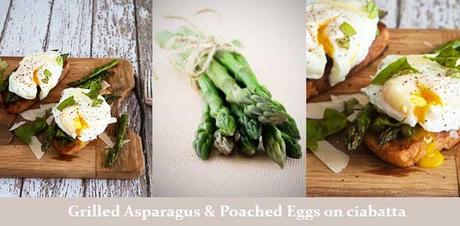 Poached eggs and grilled asparagus on ciabatta