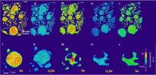 Researchers Observe Microstructural Degradation in Li-Ion Battery in 3D The top row shows how tin particles evolve in three dimensions during the first two lithiation–delithiation cycles in the model lithium-ion rechargeable battery cell. The bottom row shows