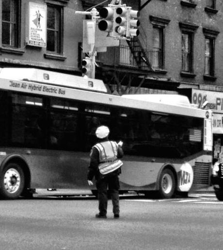 New York, Manhattan, street photography, iPhone, iPhoneography, bus, black and white, traffic cop