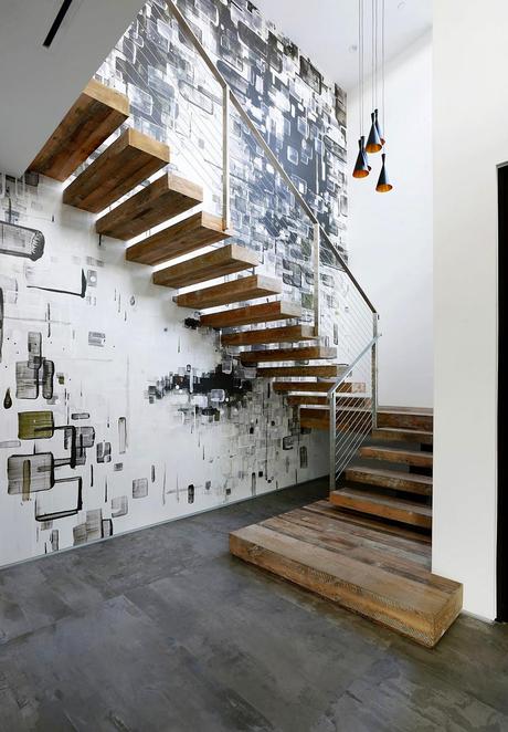 Another example of rough luxe design Staircase wall and fixtures Artful Display of Lines and Japanese Influences: Project 355 Mansfield in California