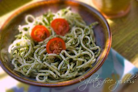 Gluten free pasta tossed with vegan pesto sauce- best pesto recipe