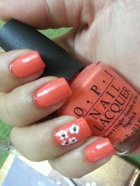 NOTD - Spring/Summer Nails , Orange with White Blossoms