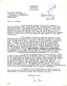 Letter from Irwin Stone to Linus Pauling, April 4, 1966.  This is the communication that spurred Pauling's interest in vitamin C.