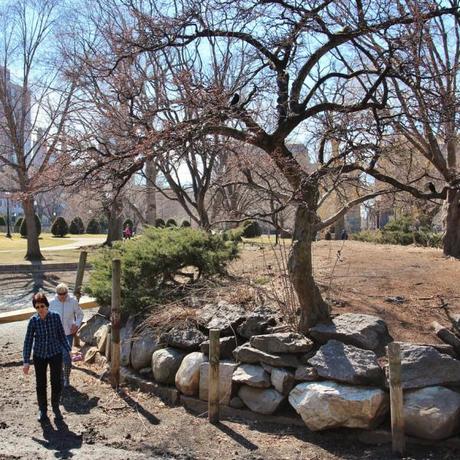 Liz Vizza (front) and Bobby Moore access the Public Garden island just days before it is filled for the season