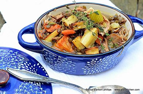 ~french-inspired chicken soup with roasted root vegetables & green lentils~