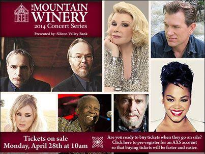 Photo: The #mwconcert2014 line-up is here! Steely Dan, Jill Scott, Chris Isaak, Colbie Caillat, Maxwell, Pat Benatar & Neil Geraldo, plus so many more! Tickets go on sale next Mon. April 28th at 10am. See the full line-up and print the schedule so you can make your picks here:  http://www.mountainwinery.com/concerts