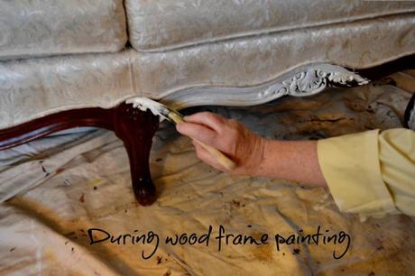 Painting Upholstery: A Tutorial on How to Use Annie Sloan Chalk Paint on Fabric Annie Sloan Old White Chalk Paint on dark wood frame on loveseat