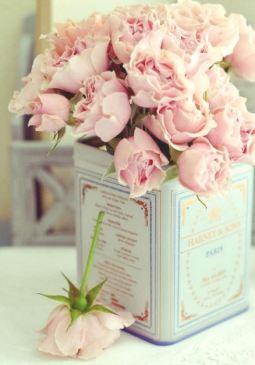vintage pink rose wedding flowers in tea tin Inspiration for a pretty country wedding