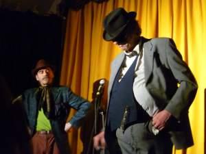 “What happened to your cancer?” I asked comedian Lewis Schaffer Tony Green (left) as The Pompous Man & Martin Soan as Hercule Poirot (part of the show Lewis Schaffer did not see)