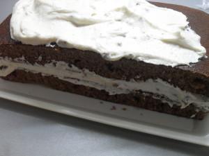 Chocolate Cake with White Frosting and Caramel-Almond chocolate Pieces