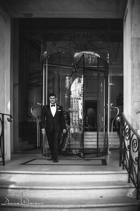Groom Leaves Langham Hotel for London wedding photography