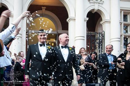 Confetti as same sex couple leave Mayfair Library 