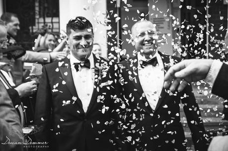 Photography of Confetti as gay couple leave mayfair library married