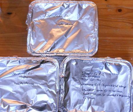 I covered the pans with foil, labeled them, and put them in the freezer.