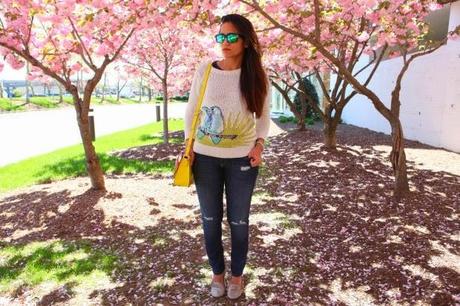 C.Wonder Sweater, GAP Jeans & Flats, Kate Spade Bag, Cherry Blossoms, Tanvii.com