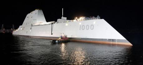 The USS Zumwalt (DDG 1000) after floating out of drydock, 28 October 2013
