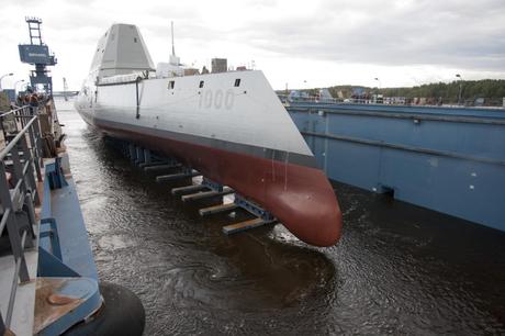The USS Zumwalt (DDG 1000) in a dry dock at the General Dynamics Bath Iron Works shipyard in Maine.