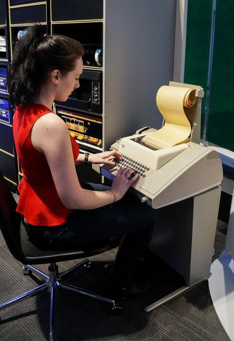 Sage using a teletype at the Living Computer Museum