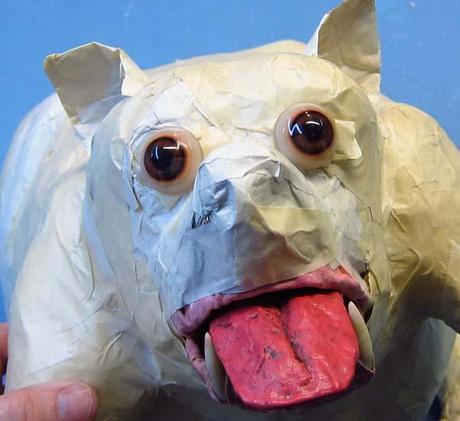  paper mache dog- new eyes