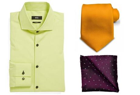 A guide to coordinating the colors of your clothes (+examples) A green shirt makes a good combination with an orange tie, and a violet pocket square.