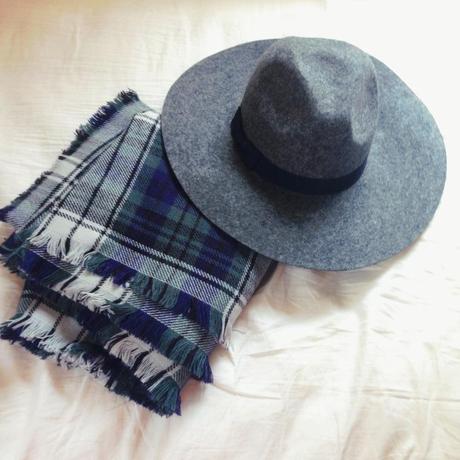 plaid scarf and gray hat