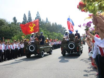 9th September 2013: National Day Parade in Pyongyang, North Korea Communist and North Korea flags during the National Day Parade