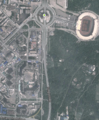 9th September 2013: National Day Parade in Pyongyang, North Korea Aeriel View of the street we watched the parade from - leading down to the Arc de Triomph.
