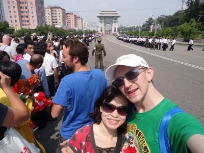 9th September 2013: National Day Parade in Pyongyang, North Korea Watching the National Day parade with the Arc de Triomph in behind.