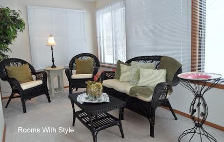 Coffee Table in a Small Space - Home Staging and Resign Minneapolis, MN Black Wicker in Sun Porch