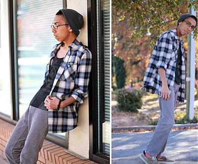 LAZY CHIC[Grey Beanie hat / Oversized Plaid Converse Dres...